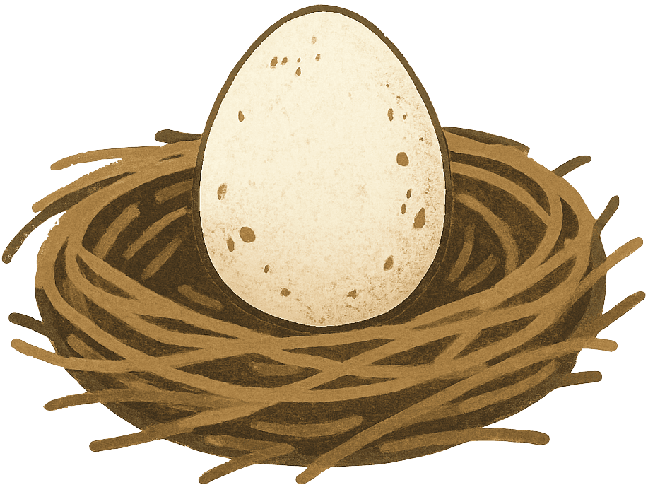 A speckled egg resting in a simple bird's nest, drawn in Fox Hill's flat, textured style.