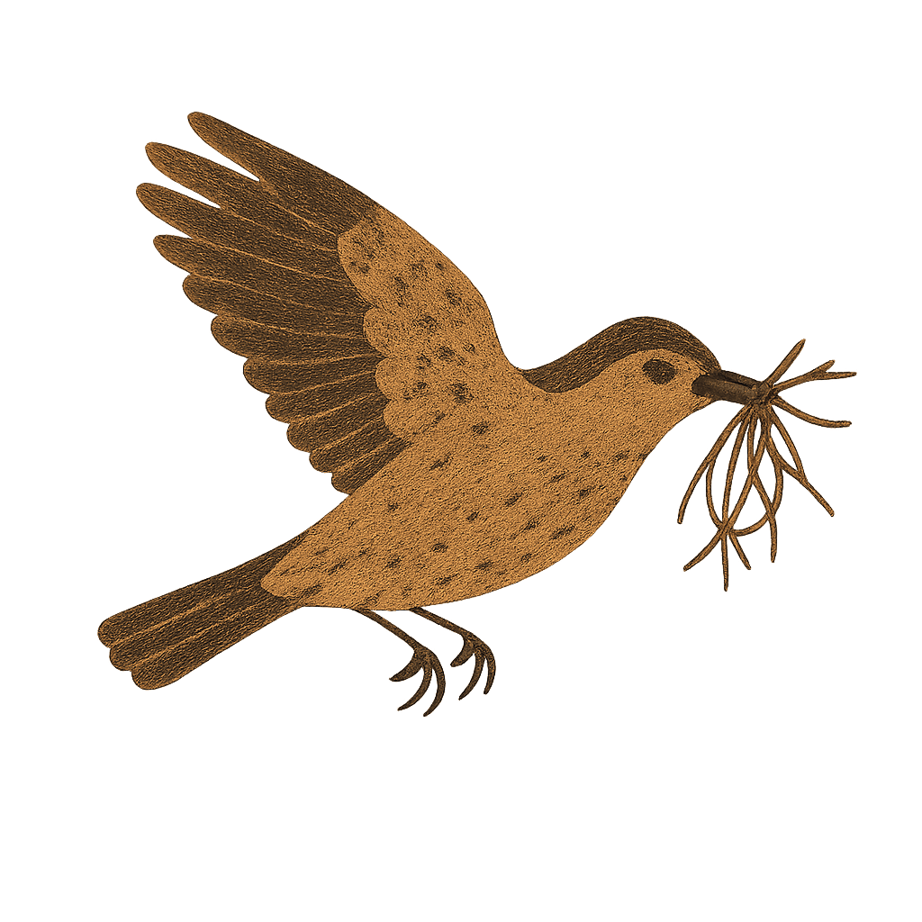 A bird flying with nesting material in its beak, in the same flat Fox Hill style.