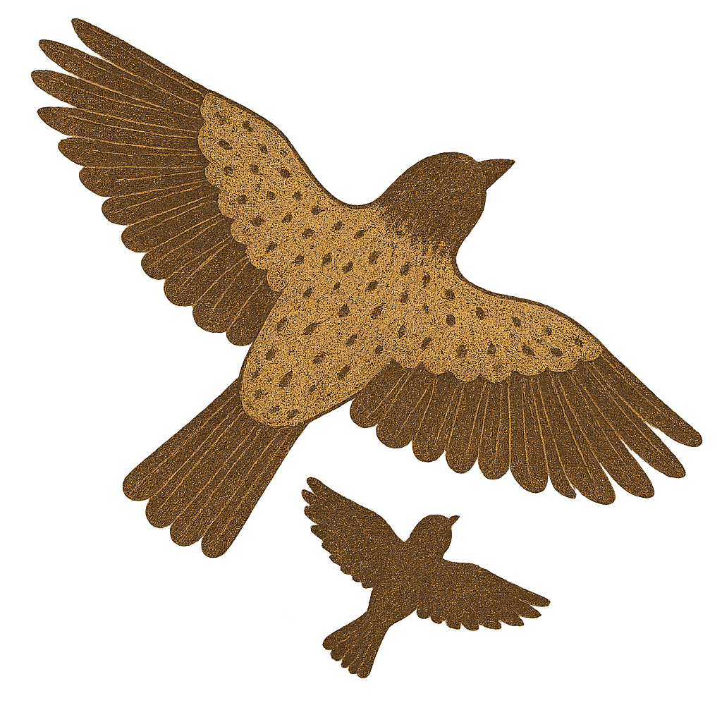 Top-down view of a larger bird flying alongside a smaller bird, wings outstretched.